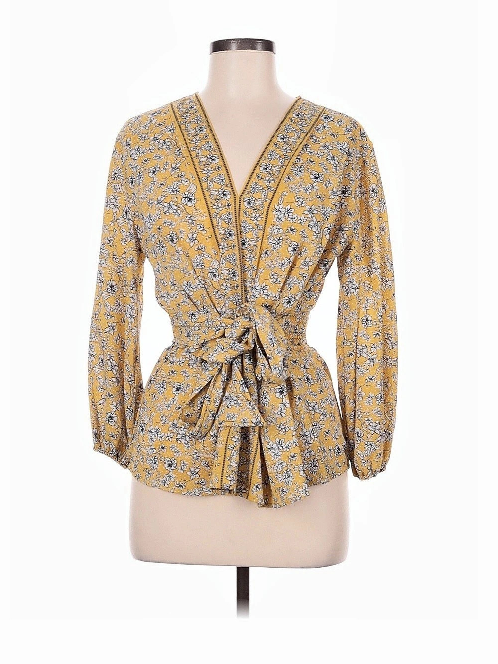 Max Studio Floral Tie Waist Blouse in Yellow & Black